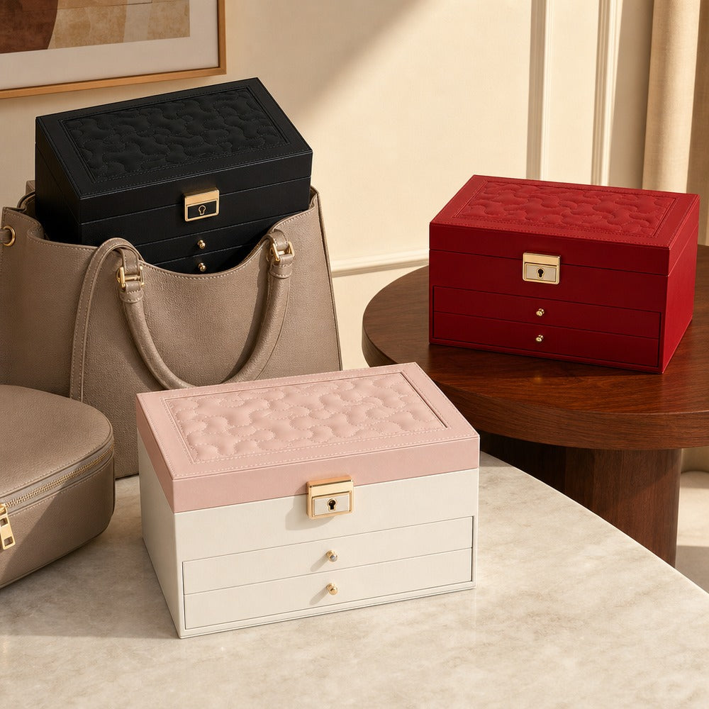 Quilted PU Leather Jewelry Box with 2 Drawers, Large Travel Jewelry Organizer Case for Ring Earring Necklace Bracelet, Gift for Women
