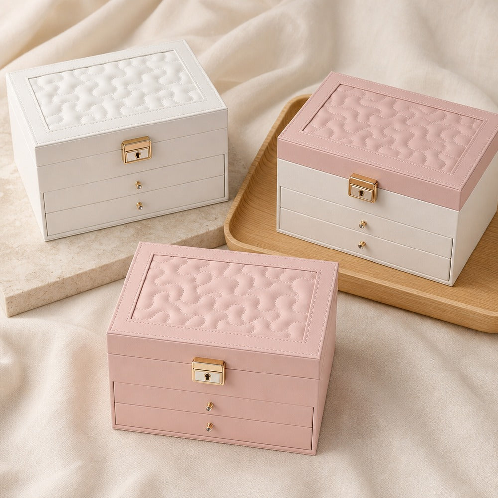 Quilted PU Leather Jewelry Box with 2 Drawers, Large Travel Jewelry Organizer Case for Ring Earring Necklace Bracelet, Gift for Women