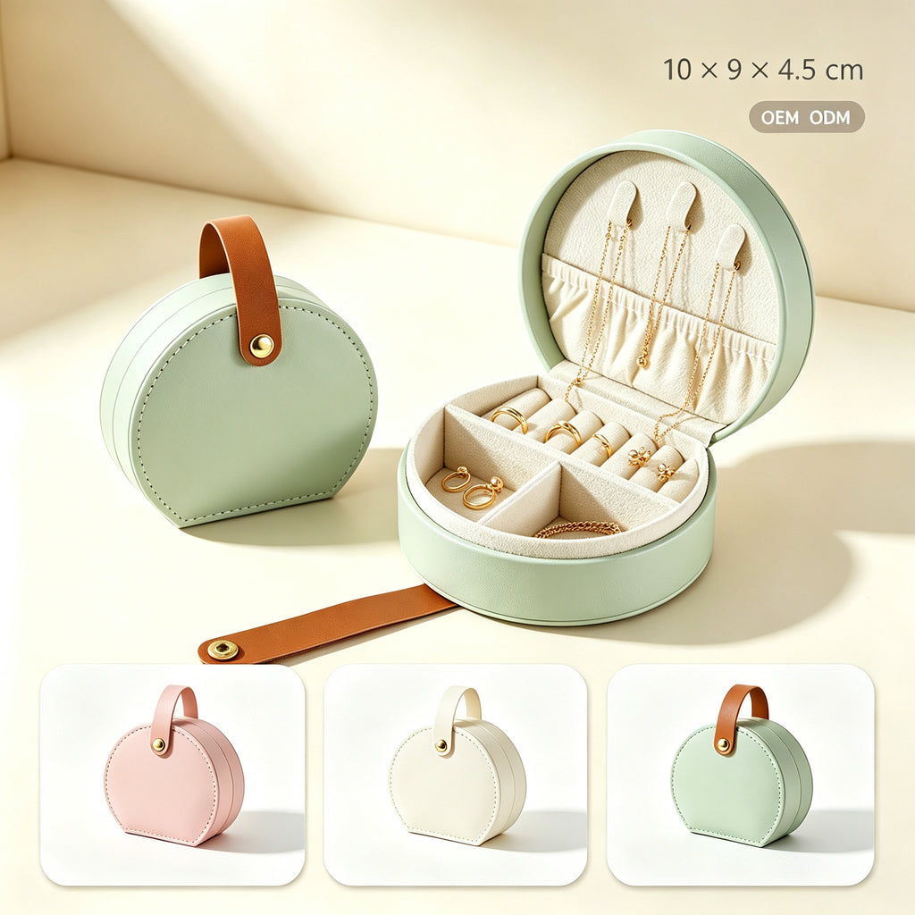 Semi-circular PU Leather Mini Jewelry Case, Portable Travel Jewelry Organizer for Rings, Earrings & Necklaces