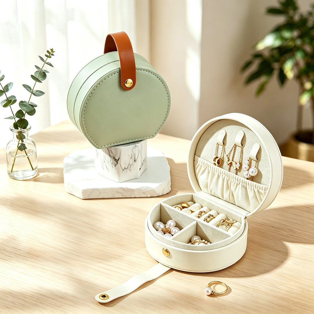 Semi-circular PU Leather Mini Jewelry Case, Portable Travel Jewelry Organizer for Rings, Earrings & Necklaces