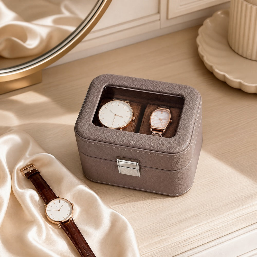 2-Slot PU Leather Watch Box with Glass Window, Watch Display Case, Portable Velvet Watch Organizer for Men Women Gift
