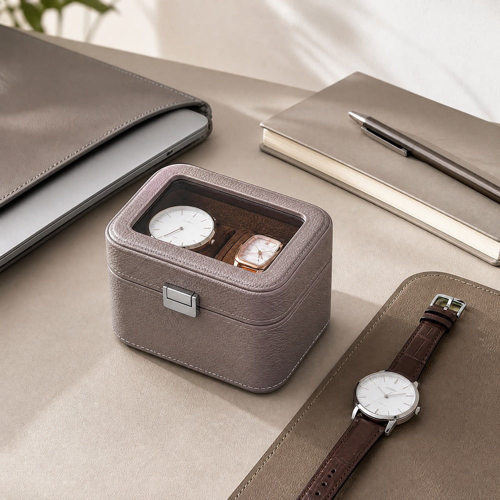 2-Slot PU Leather Watch Box with Glass Window, Watch Display Case, Portable Velvet Watch Organizer for Men Women Gift