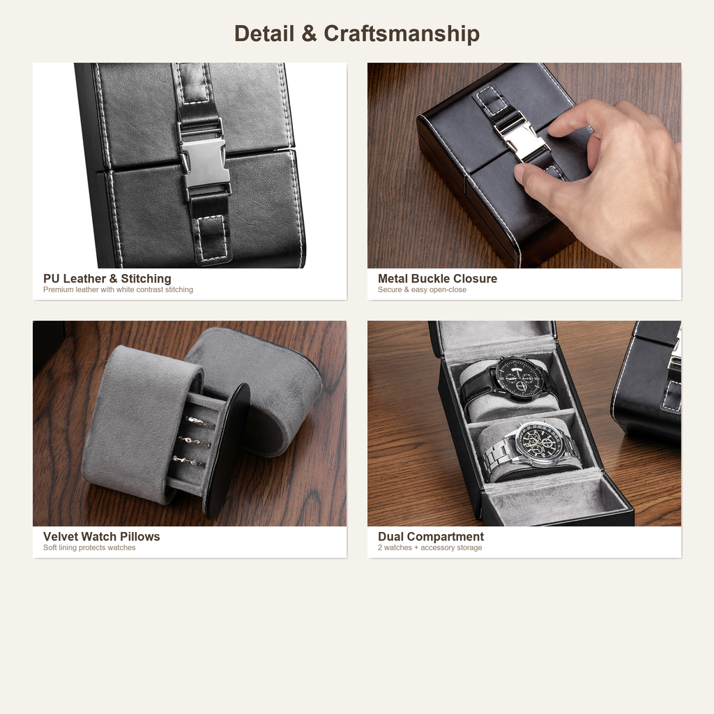 PU Leather Men's Watch Box, Double Open Watch Storage Case, Portable Velvet Watch Organizer for Men Gift