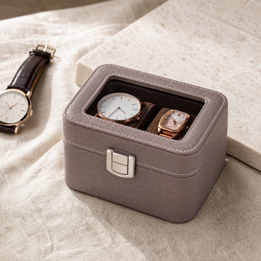 2-Slot PU Leather Watch Box with Glass Window, Watch Display Case, Portable Velvet Watch Organizer for Men Women Gift
