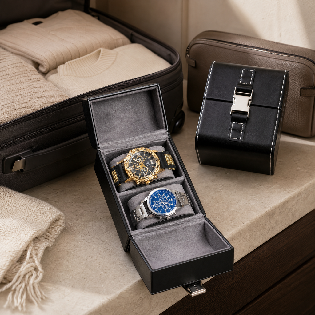 PU Leather Men's Watch Box, Double Open Watch Storage Case, Portable Velvet Watch Organizer for Men Gift