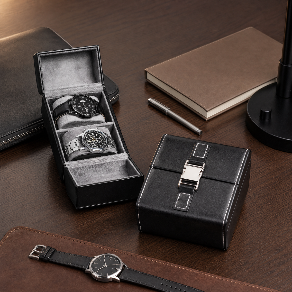 PU Leather Men's Watch Box, Double Open Watch Storage Case, Portable Velvet Watch Organizer for Men Gift