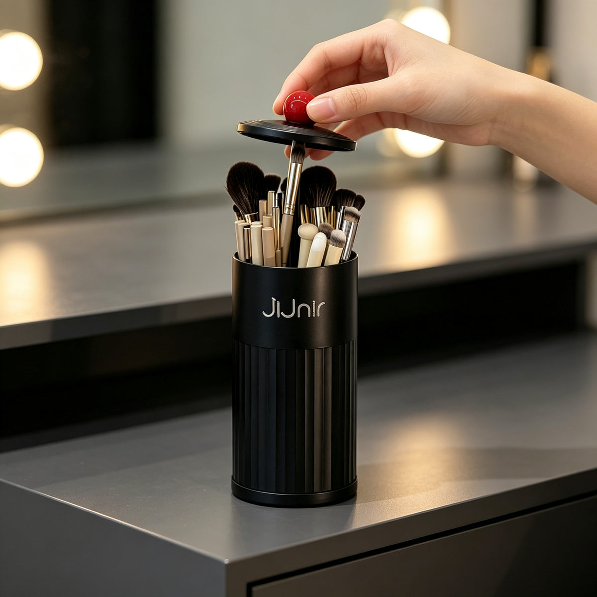 Press-top Desktop Storage Bin, Plastic Cotton Pad Dispenser, Makeup Brush Holder, Bathroom Vanity Organizer