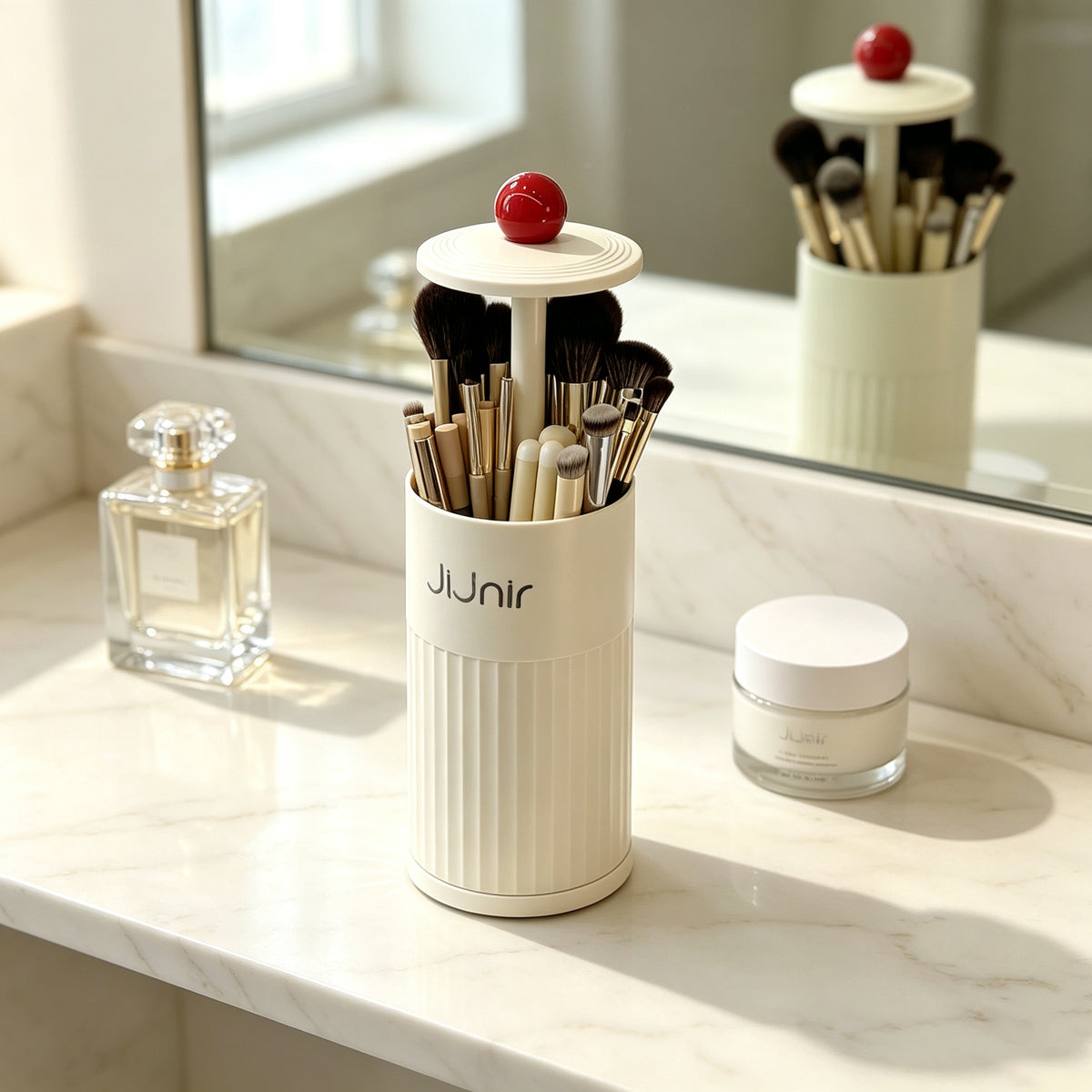 Press-top Desktop Storage Bin, Plastic Cotton Pad Dispenser, Makeup Brush Holder, Bathroom Vanity Organizer