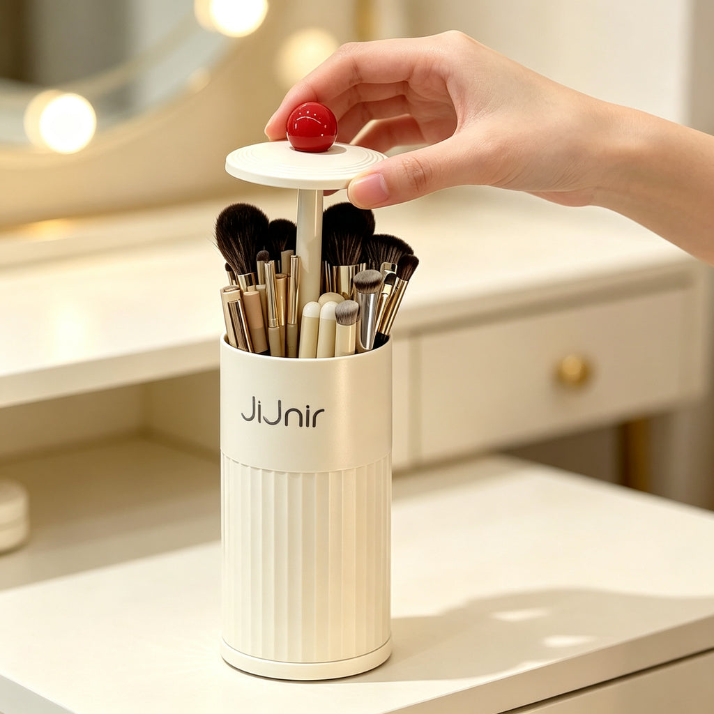 Press-top Desktop Storage Bin, Plastic Cotton Pad Dispenser, Makeup Brush Holder, Bathroom Vanity Organizer