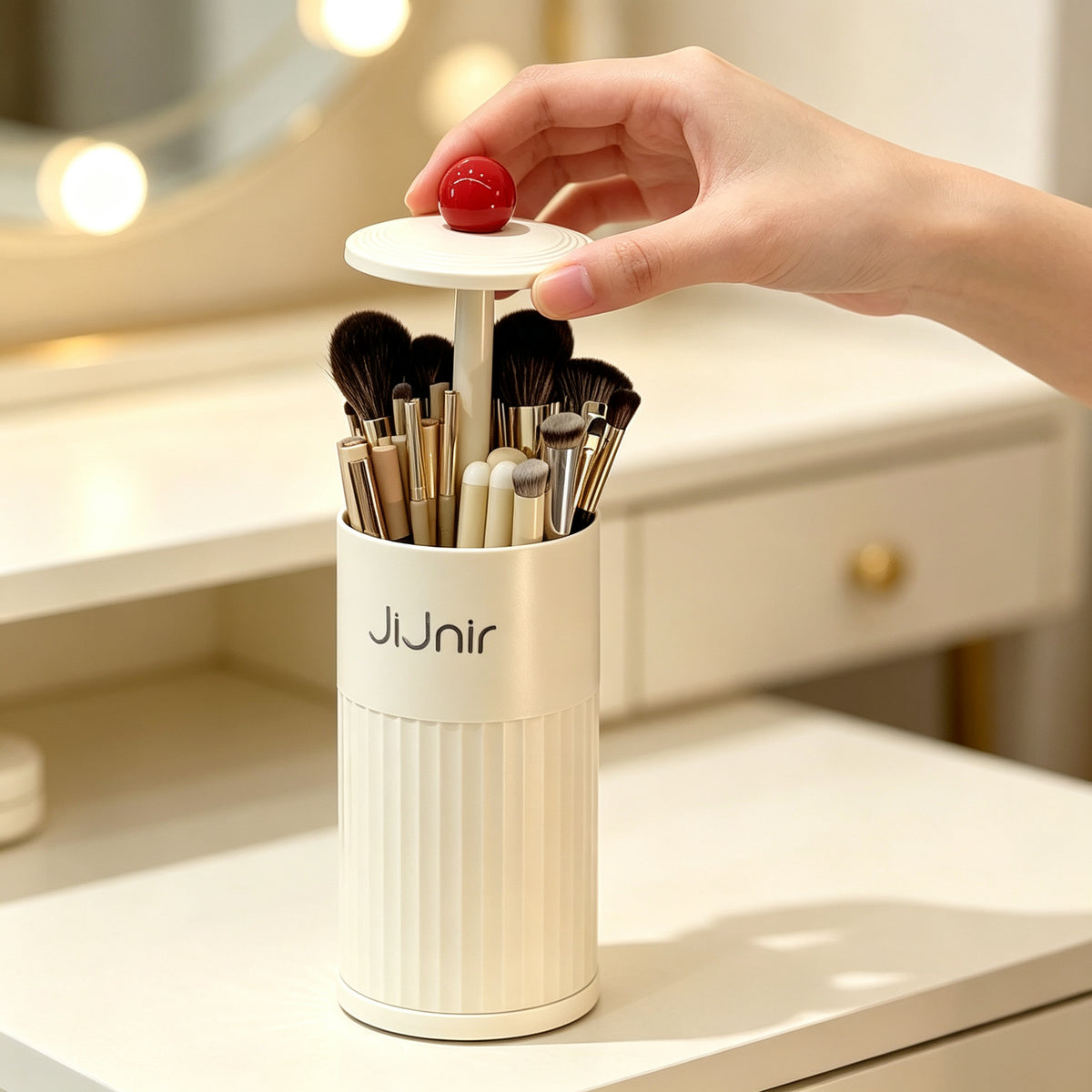 Press-top Desktop Storage Bin, Plastic Cotton Pad Dispenser, Makeup Brush Holder, Bathroom Vanity Organizer