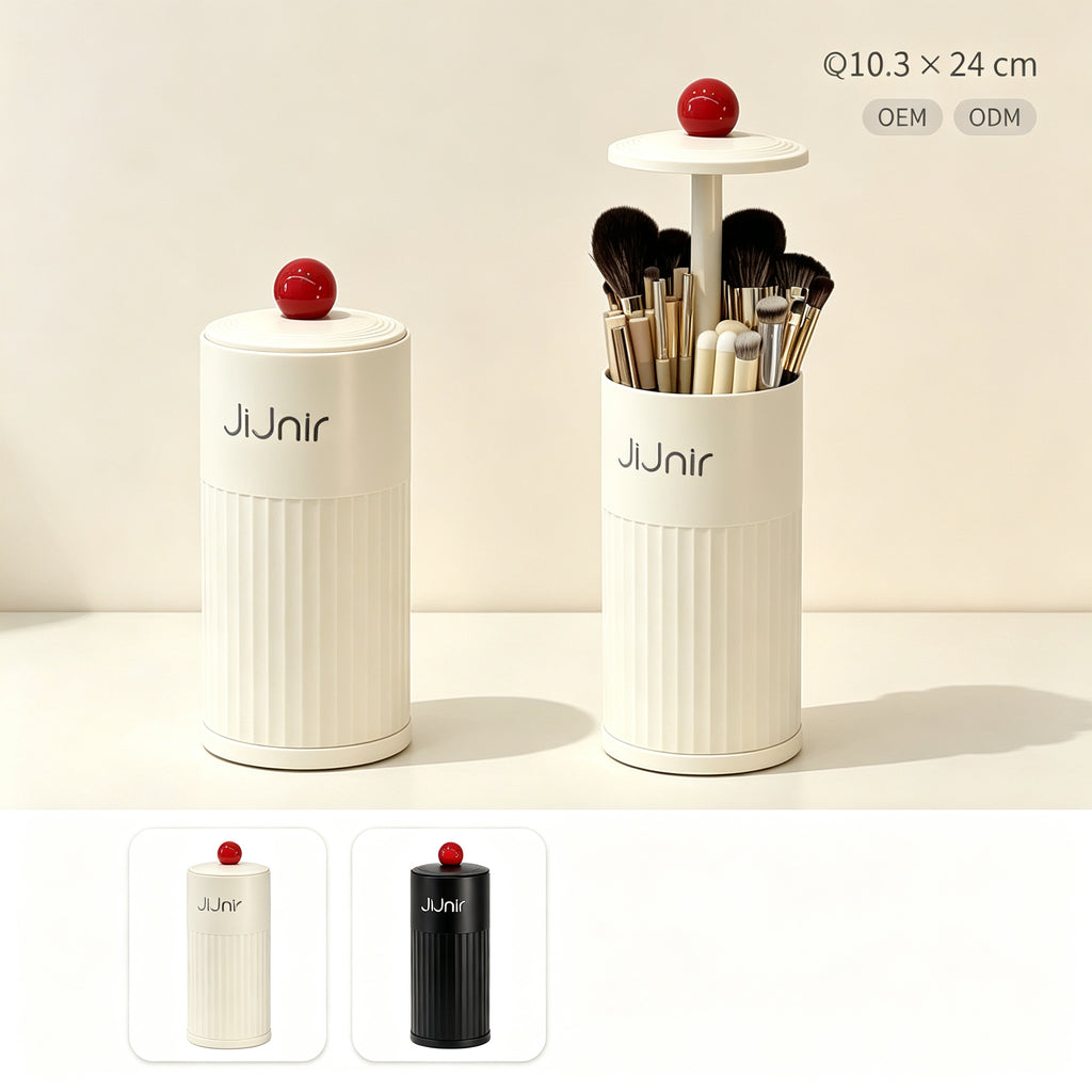 Press-top Desktop Storage Bin, Plastic Cotton Pad Dispenser, Makeup Brush Holder, Bathroom Vanity Organizer
