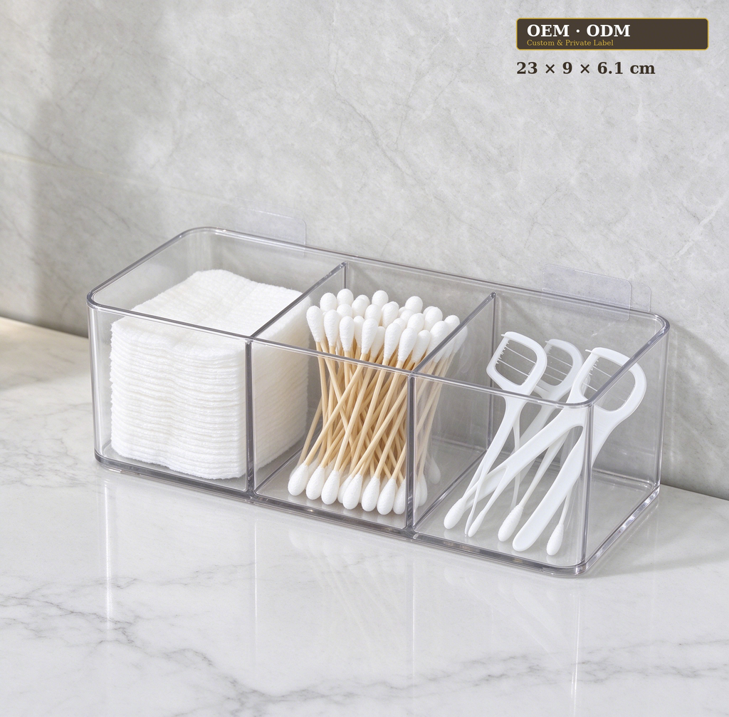 ``` Clear 3-Compartment Wall Mounted Storage Rack, Transparent PET Hanging Organizer for Bathroom Kitchen Bedroom ```  ### 2. SKU