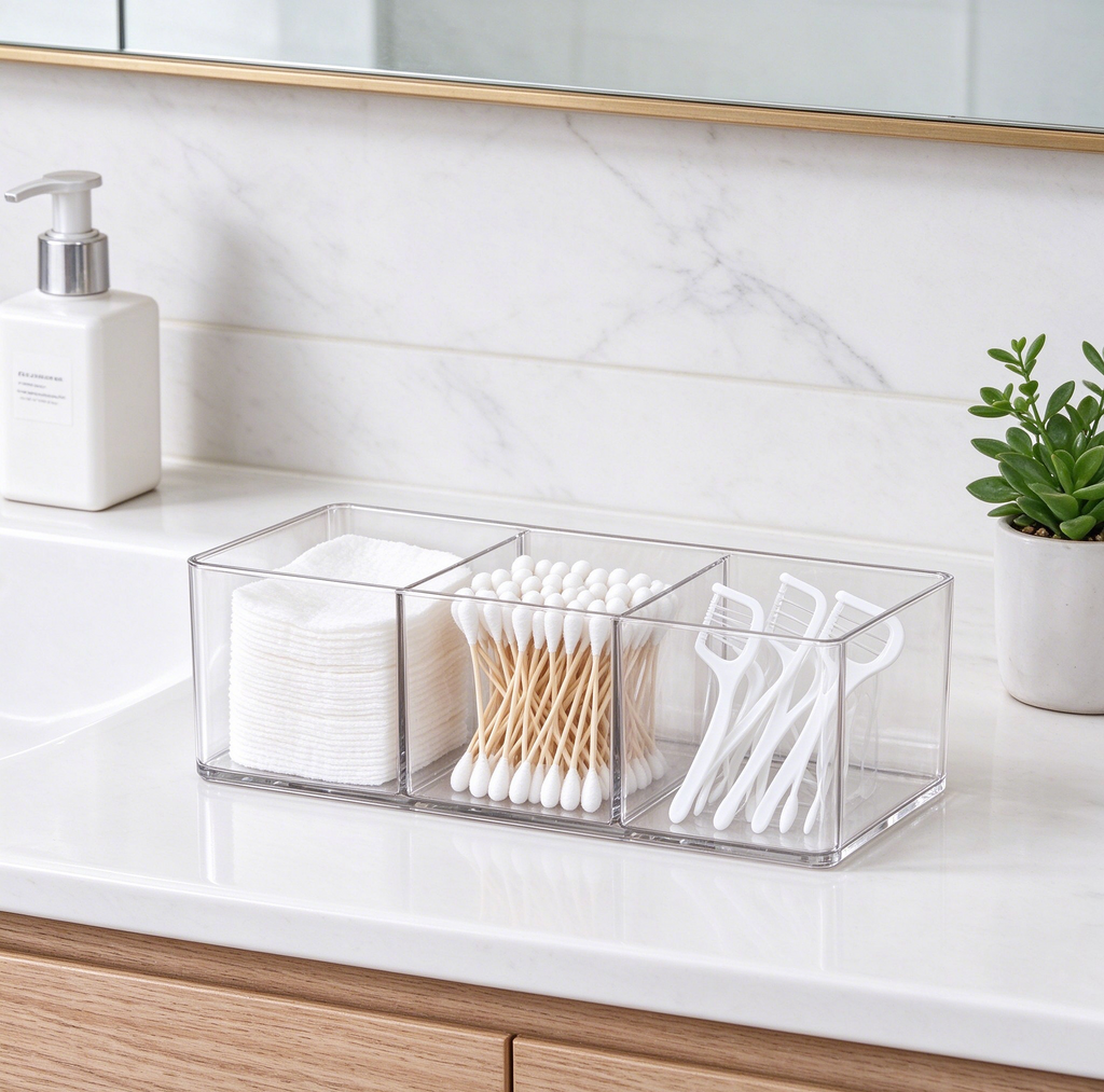 ``` Clear 3-Compartment Wall Mounted Storage Rack, Transparent PET Hanging Organizer for Bathroom Kitchen Bedroom ```  ### 2. SKU