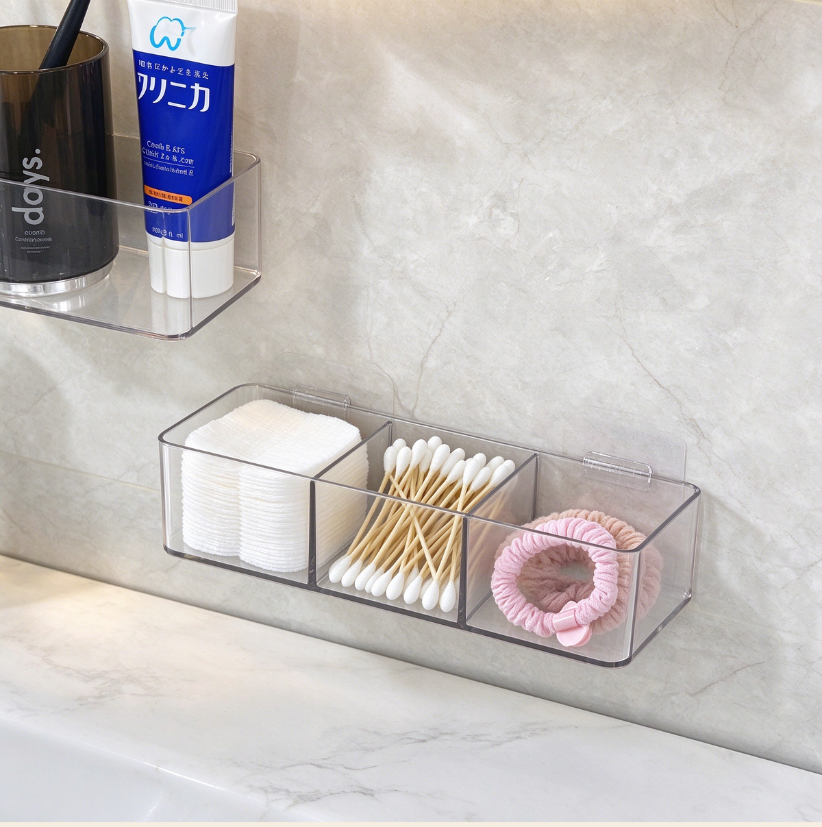 ``` Clear 3-Compartment Wall Mounted Storage Rack, Transparent PET Hanging Organizer for Bathroom Kitchen Bedroom ```  ### 2. SKU