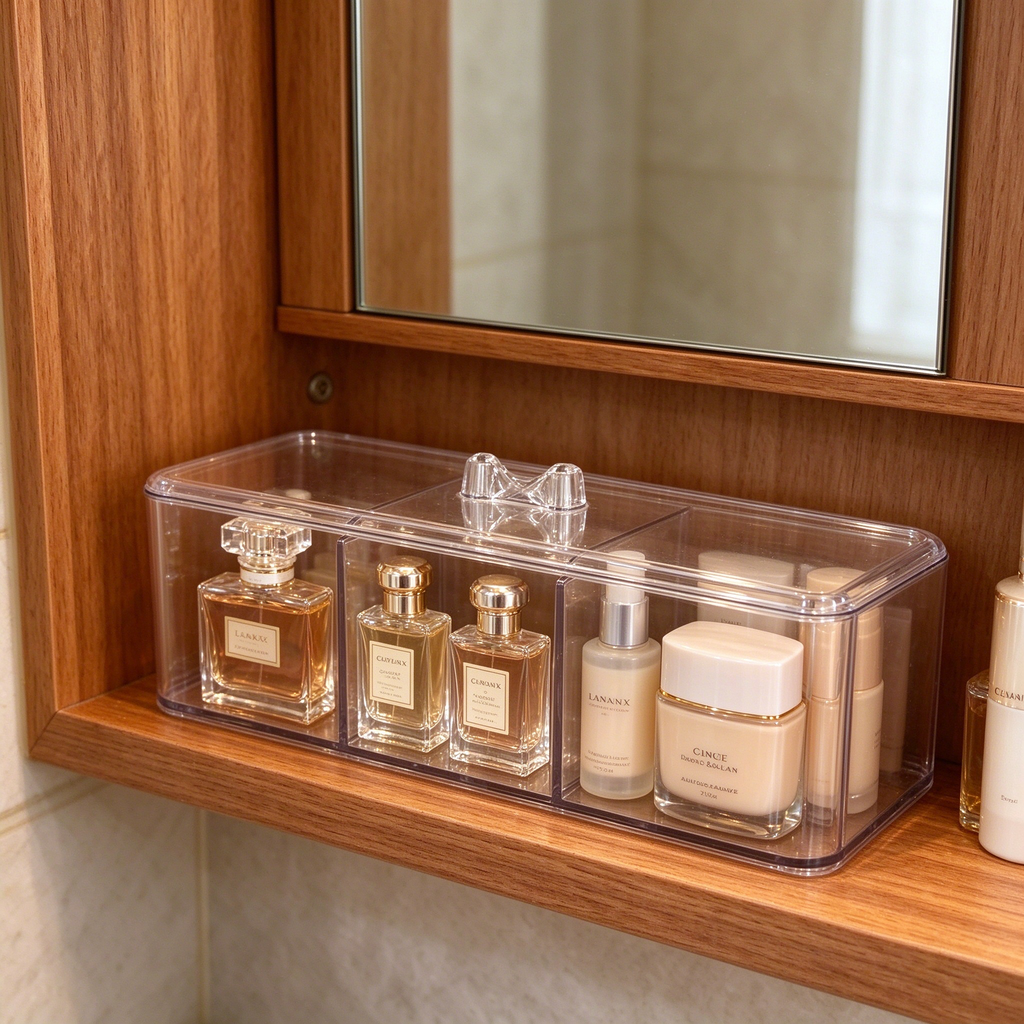 Clear 3-Compartment Wall Mounted Storage Rack with Lid, Transparent PET Hanging Organizer for Bathroom Kitchen