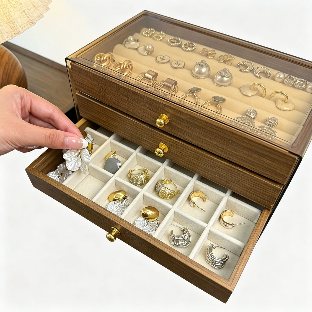 Walnut Wood Finish 5-tier Jewelry Organizer with Acrylic Top, Wooden Jewelry Box with 5 Drawers for Rings, Earrings, Necklaces & Watches
