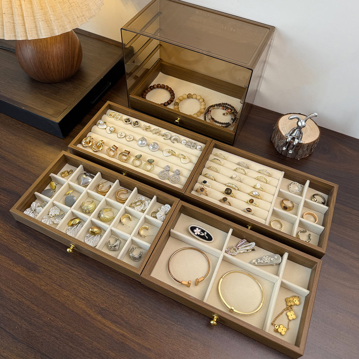 Walnut Wood Finish 5-tier Jewelry Organizer with Acrylic Top, Wooden Jewelry Box with 5 Drawers for Rings, Earrings, Necklaces & Watches