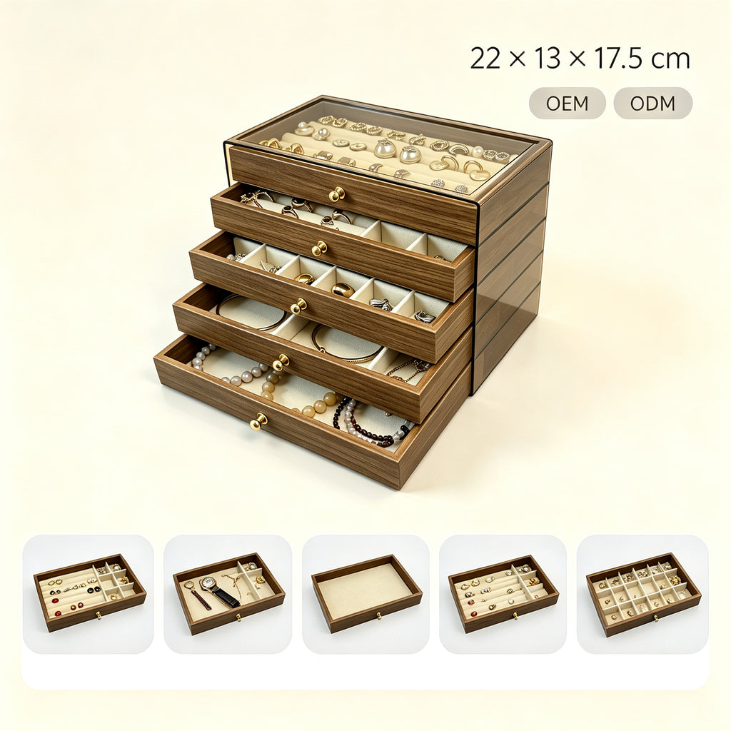 Walnut Wood Finish 5-tier Jewelry Organizer with Acrylic Top, Wooden Jewelry Box with 5 Drawers for Rings, Earrings, Necklaces & Watches