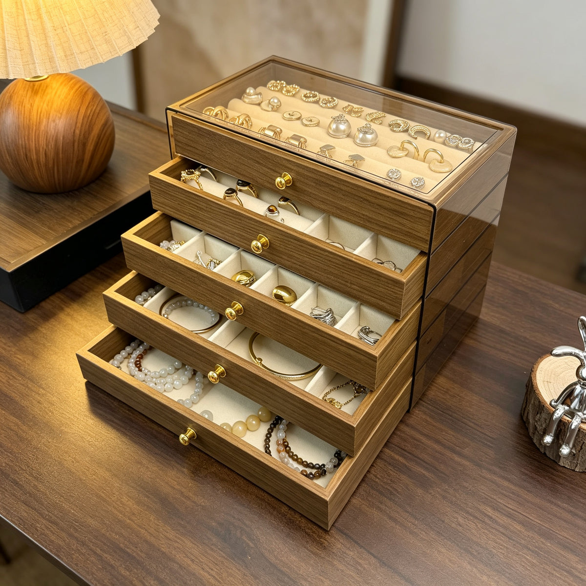 Walnut Wood Finish 5-tier Jewelry Organizer with Acrylic Top, Wooden Jewelry Box with 5 Drawers for Rings, Earrings, Necklaces & Watches