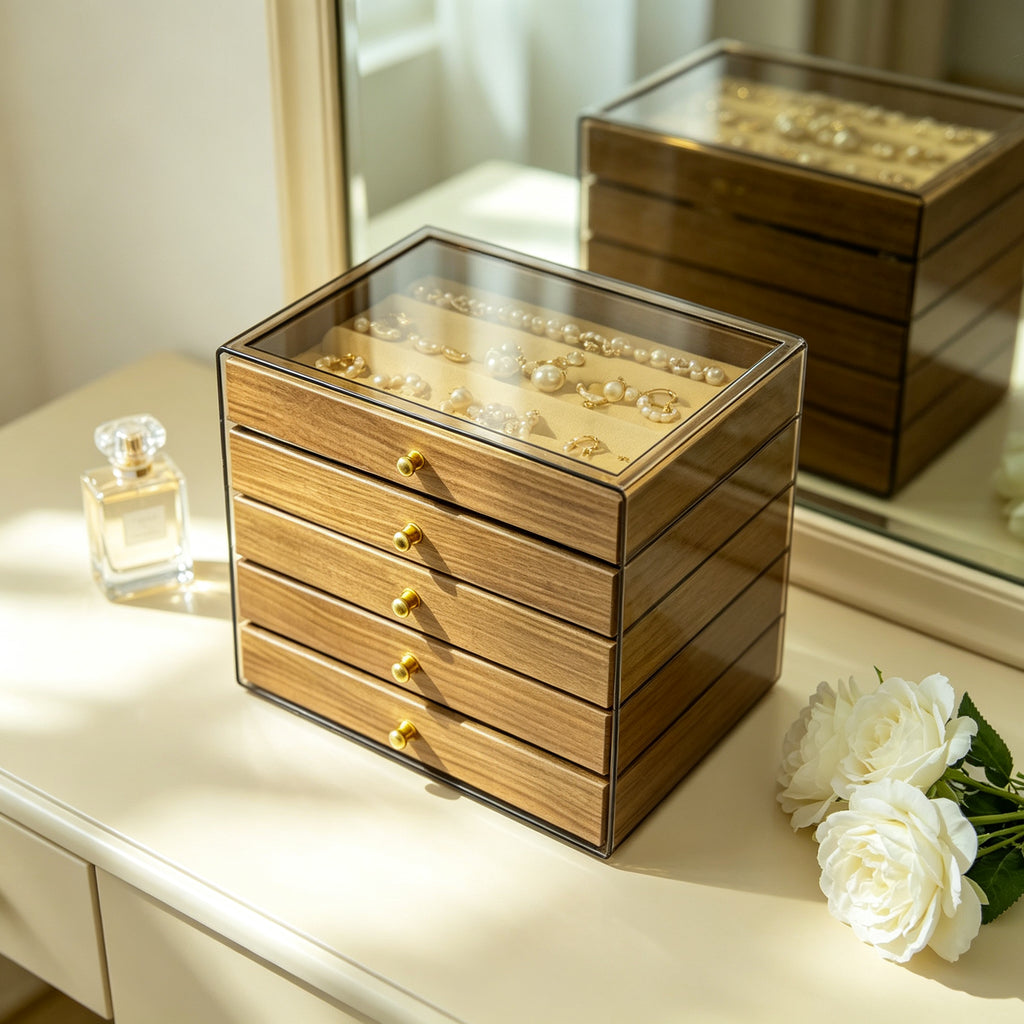 Walnut Wood Finish 5-tier Jewelry Organizer with Acrylic Top, Wooden Jewelry Box with 5 Drawers for Rings, Earrings, Necklaces & Watches