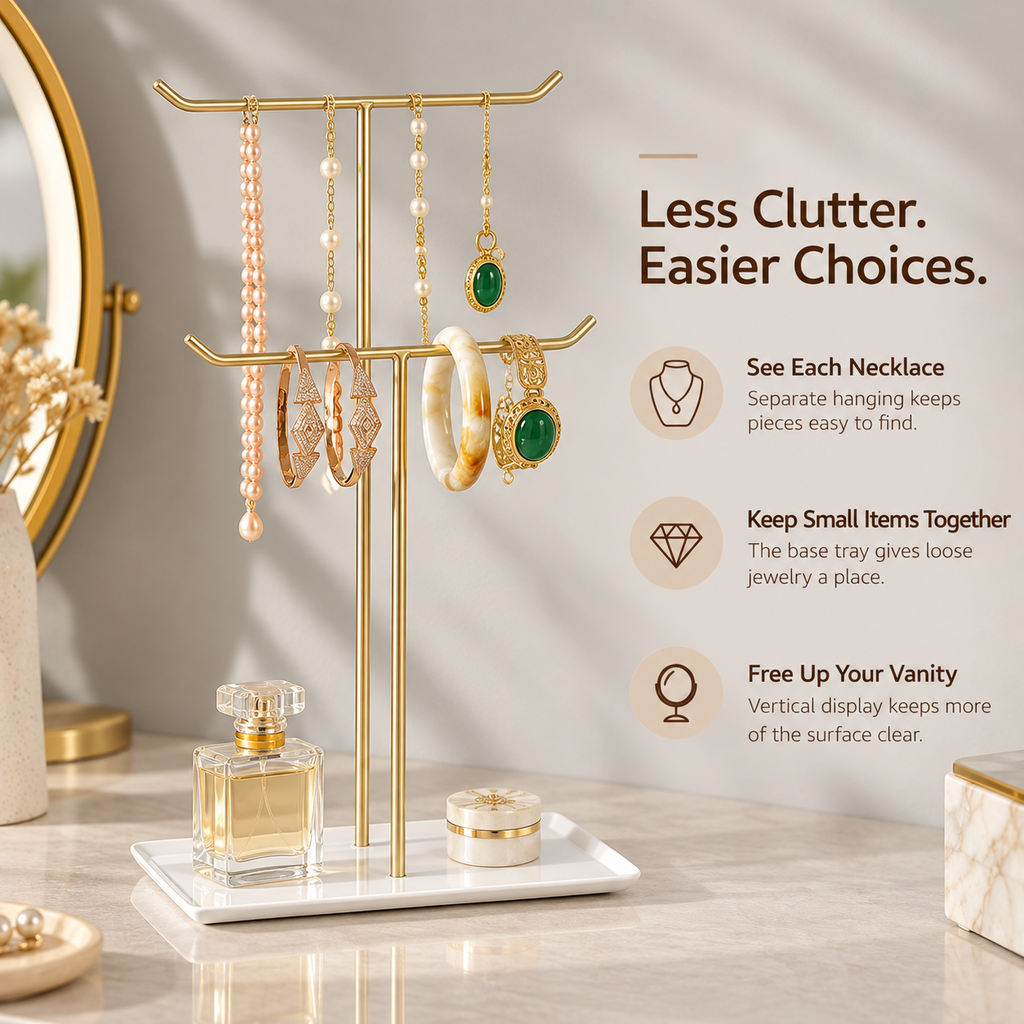 2 tier metal t bar jewelry stand
necklace bracelet holder rack
headband scrunchie organizer
tray base jewelry display
wholesale jewelry stand
