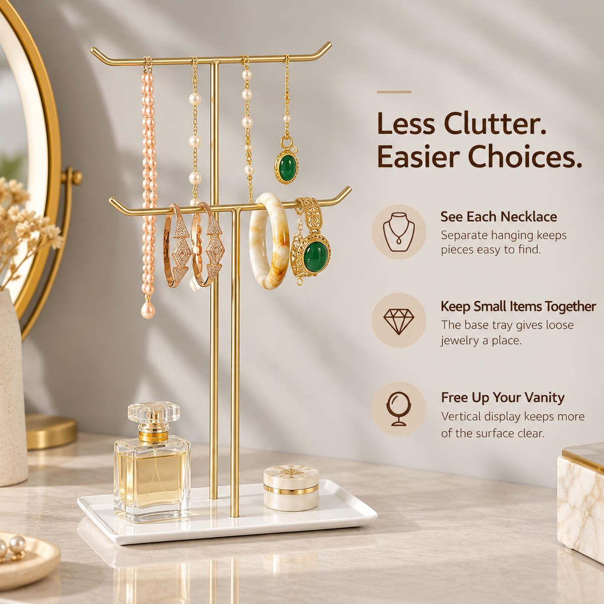 2 tier metal t bar jewelry stand
necklace bracelet holder rack
headband scrunchie organizer
tray base jewelry display
wholesale jewelry stand
