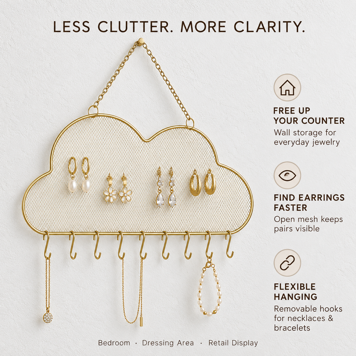 cloud wall mounted fine mesh jewelry organizer
gold earring stud holder
necklace hook wall display rack
nordic jewelry hanger
wholesale wall jewelry organizer

