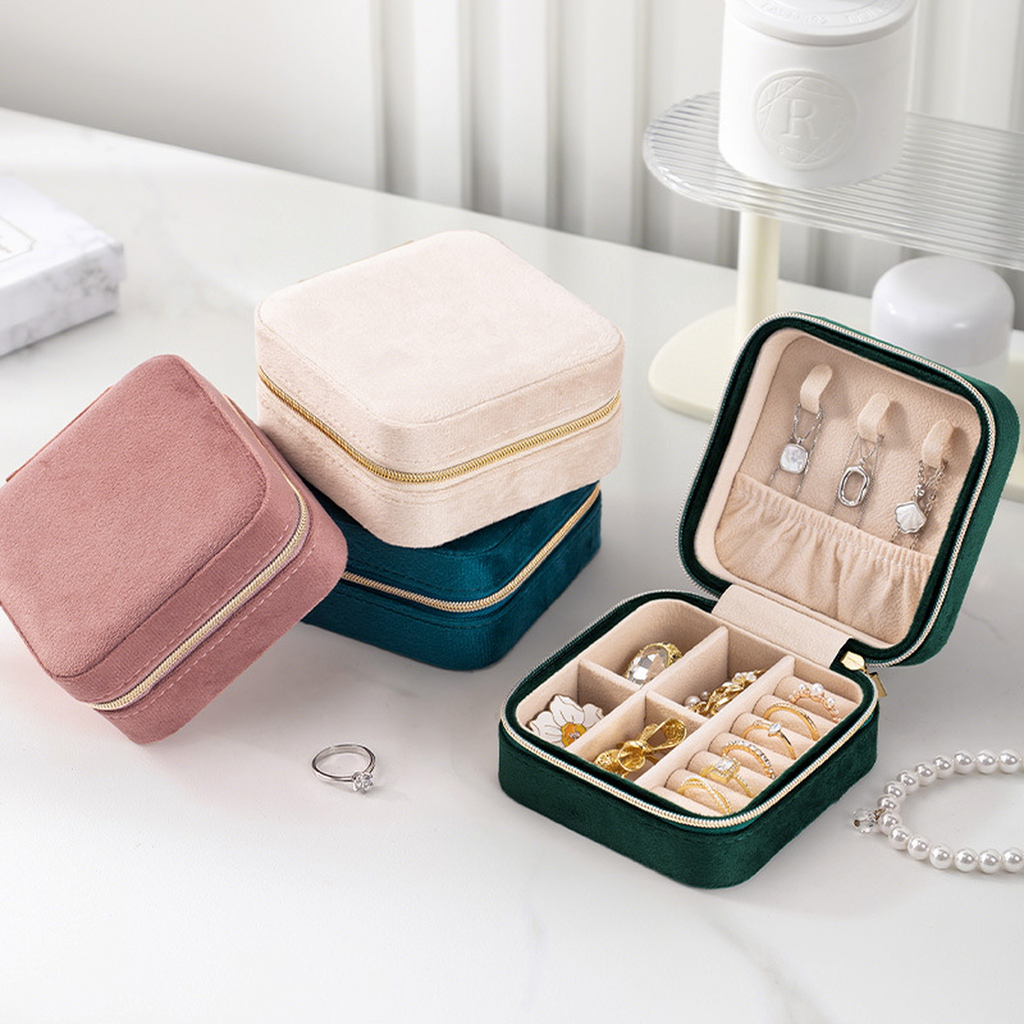 Microfiber Suede Zipper Jewelry Box, Soft Portable Travel Ring Earring Necklace Organizer Case
