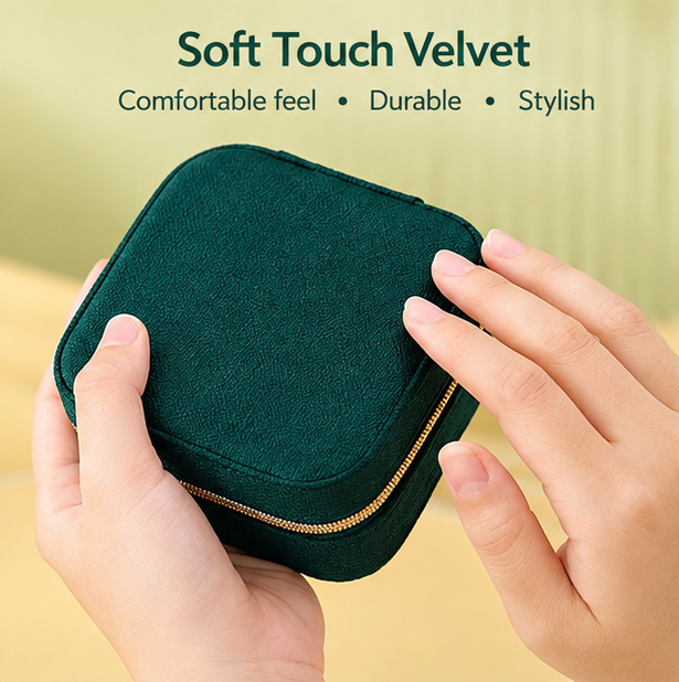 Microfiber Suede Zipper Jewelry Box, Soft Portable Travel Ring Earring Necklace Organizer Case