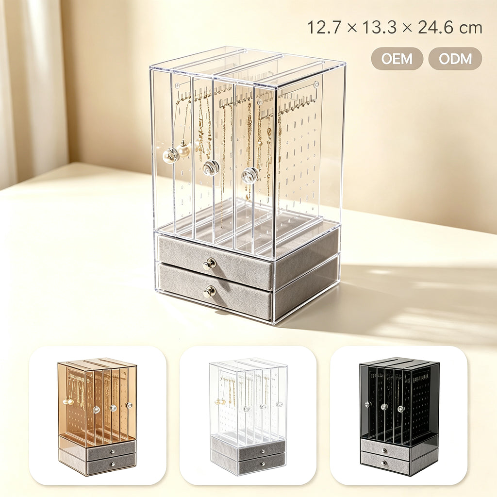 Acrylic Jewelry Organizer with 3 Necklace Stands and 2 Drawers, Clear Jewelry Display Case for Rings, Earrings & Necklaces