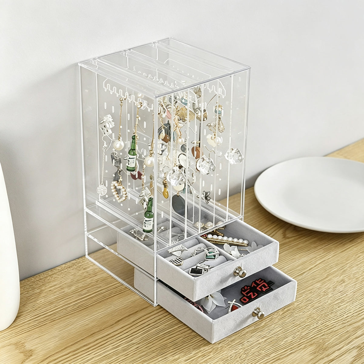 Acrylic Jewelry Organizer with 3 Necklace Stands and 2 Drawers, Clear Jewelry Display Case for Rings, Earrings & Necklaces