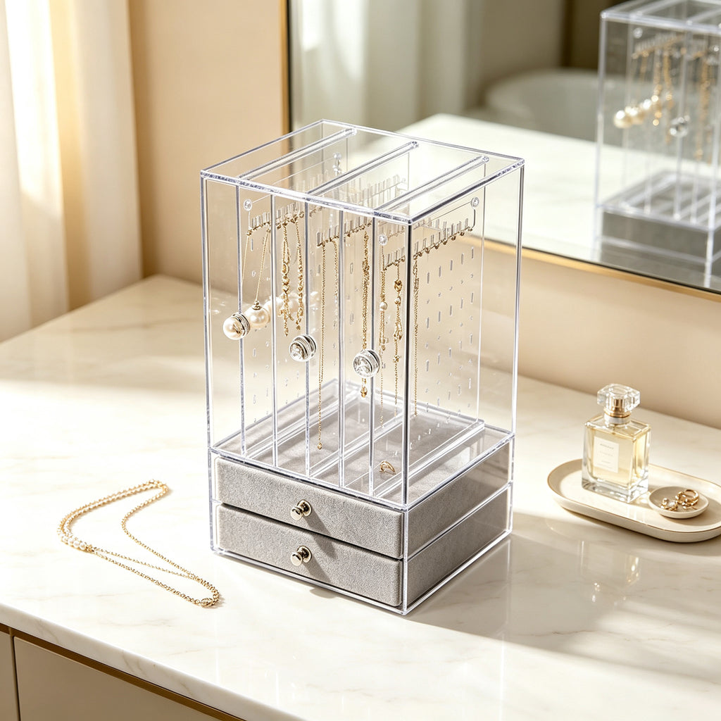 Acrylic Jewelry Organizer with 3 Necklace Stands and 2 Drawers, Clear Jewelry Display Case for Rings, Earrings & Necklaces